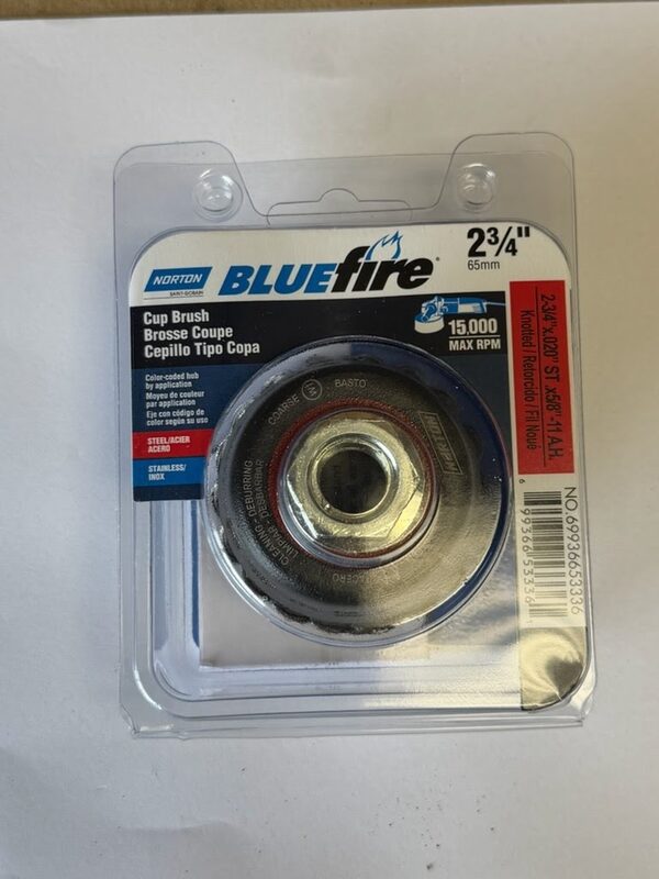 Norton BlueFire 2-3/4 inch knotted cup brush in retail package, 5/8-11 arbor, No. 69936653336
